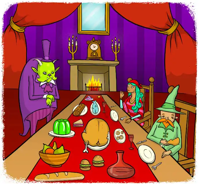 In a grand room with a fireplace on the back wall, Beauty and her dad are sat at a long table full of food. The beast stands opposite looking at them. 