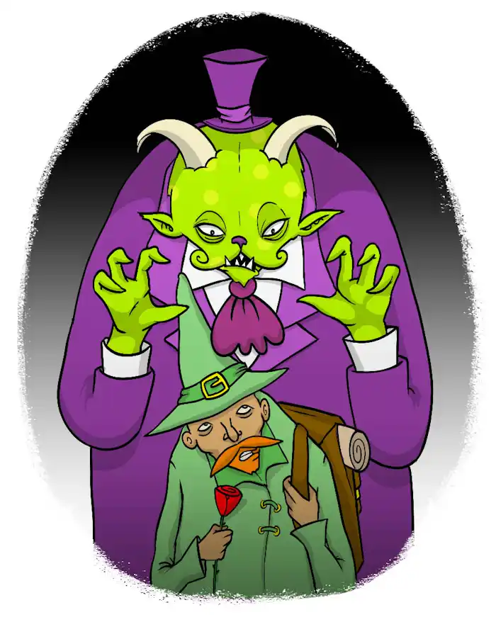 The huge, green beast, dressed in a smart purple suit and small top hat, towers above the merchant standing in front of him.