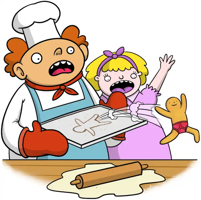 A chef holding a tray and a woman look shocked as the Gingerbread Man runs off the table.