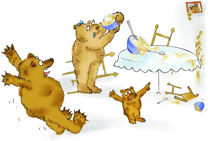 The three bears shocked at the mess in the kitchen, chairs broken and porridge everywhere