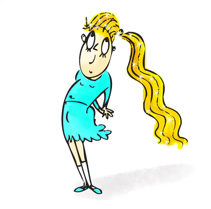 Goldilocks in a blue dress with long golden hair 