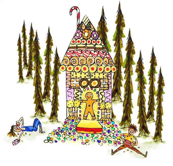 In the middle of the forest, Gretel and Hansel lie down next to the gingerbread house stuffing their faces with cake