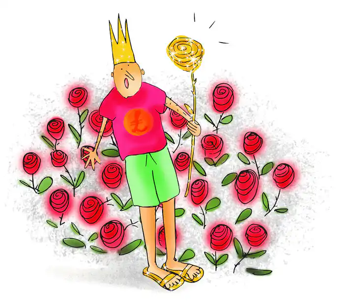 king midas stands in front of red roses holding a gold rose looking shocked