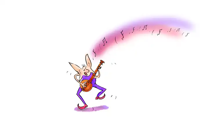 Rumpelstilskin is dancing and is playing the banjo. A pink and purple beam of musical notes are streaming out of the banjo.