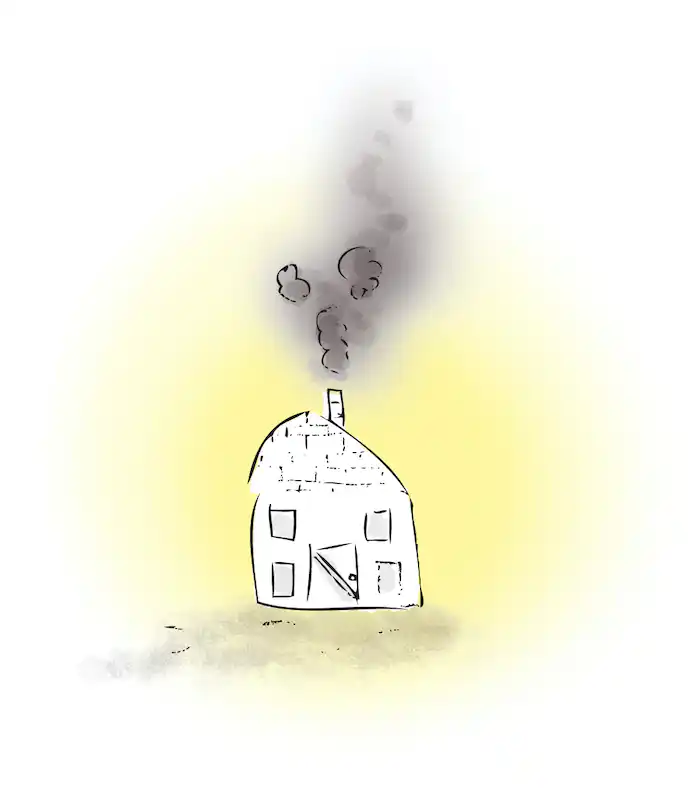 The small white cottage has a big plume of grey smoke coming out of the chimney.