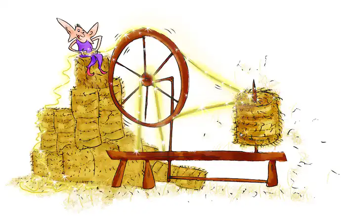 Rumpelstilskin is sat at the top of a straw tower, spinning straw on a large red loom, turning it into glowing gold threads.