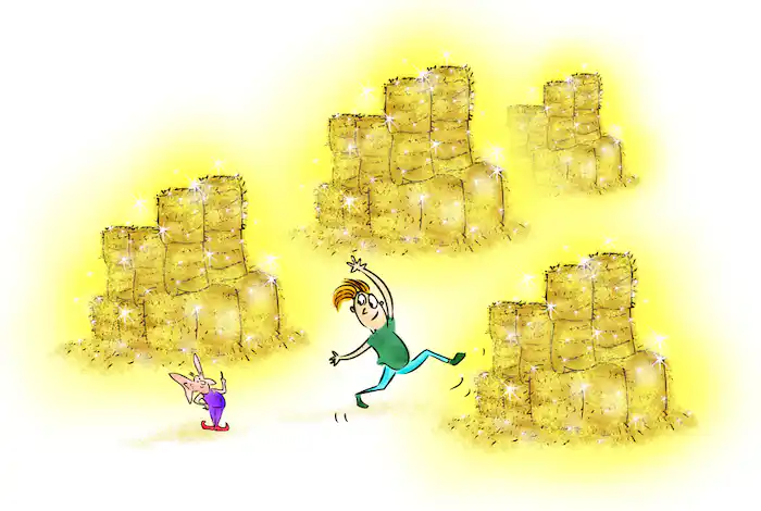 The boy and Rumpelstilskin are surrounded by four large piles of golden straw bales. The boy is starting to run through the bales of gold.