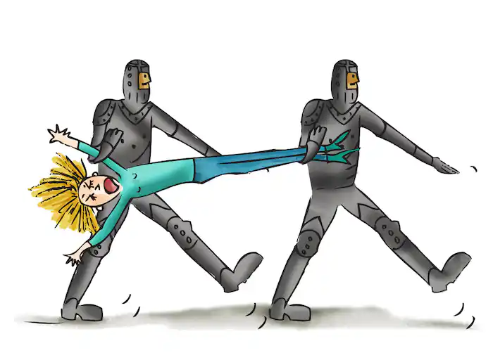 The two armoured guards carry the woodcutter's daughter horizontally. One guard holding her arm, the other guard holding her feet.