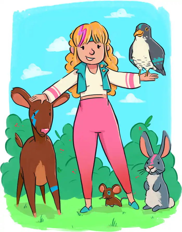 a grown up Aurora stands ina field holding a bird patting a deer with a mouse and rabbit by her feet she is wearing pink trousers white top and blue jacket with a pink streak through her long blonde hair