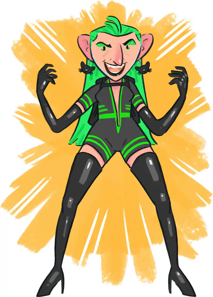 a wicked with with green long hair in a black and green playsuit with shiny thigh high black boots and black long gloves laughing