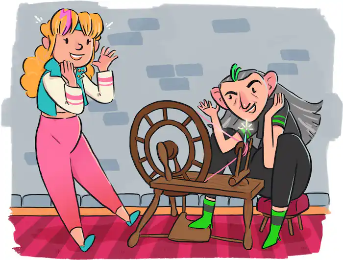 aurora looks excited at a old grey haired woman sat at a spinning wheel with a pointy sharp needle 