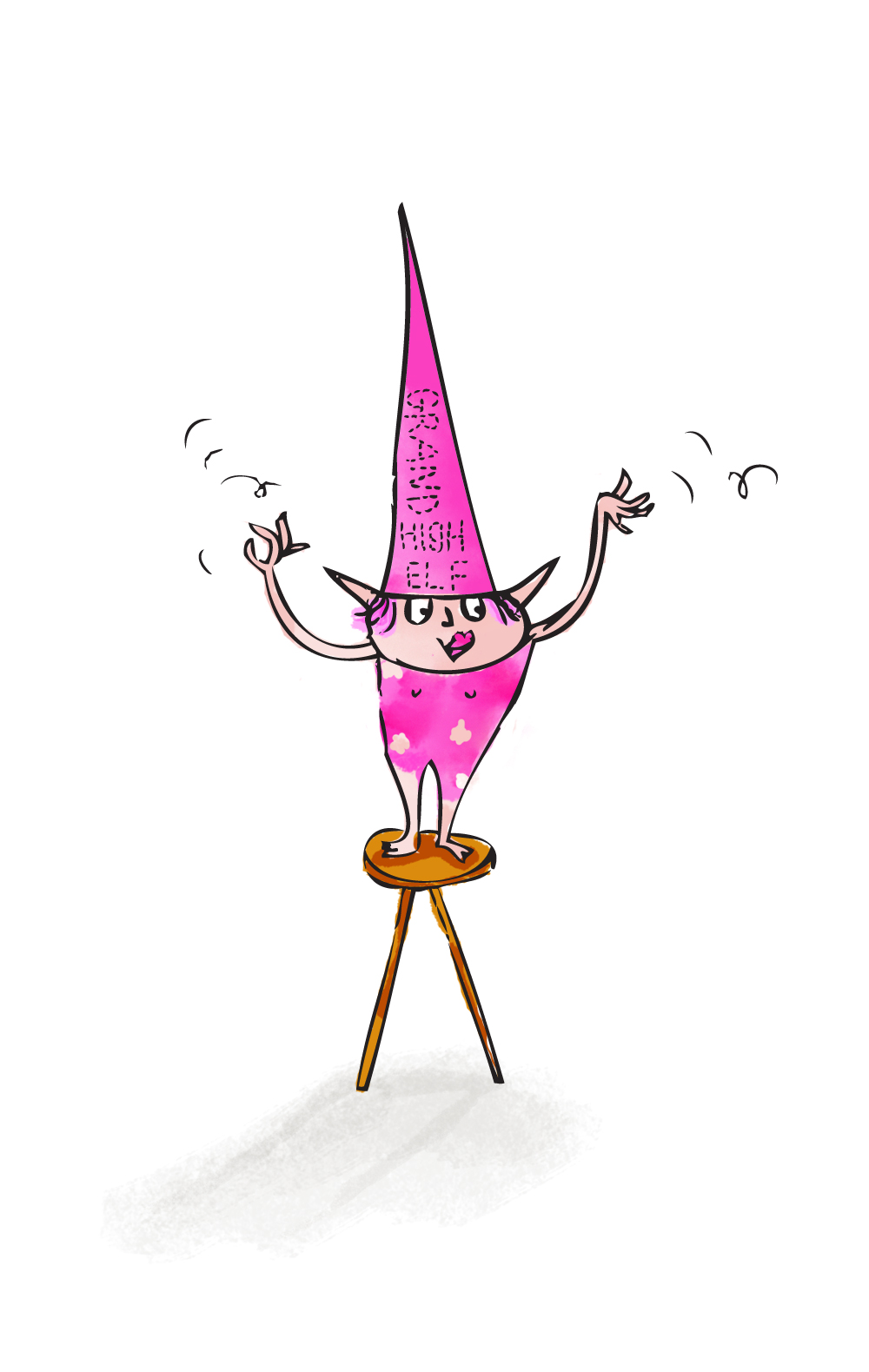 a pink clothed elf with a long pointy pink hat stands on a stool