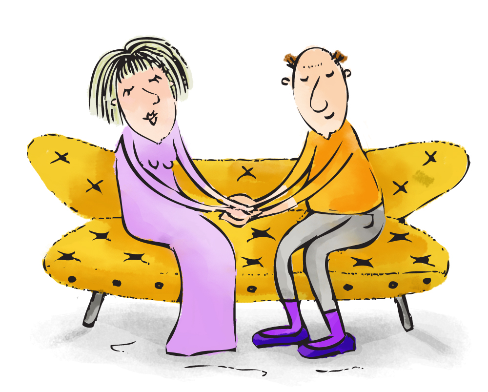 the shoemaker sits on a yellow sofa holding hands with his wife who is dressed in a long purple dress