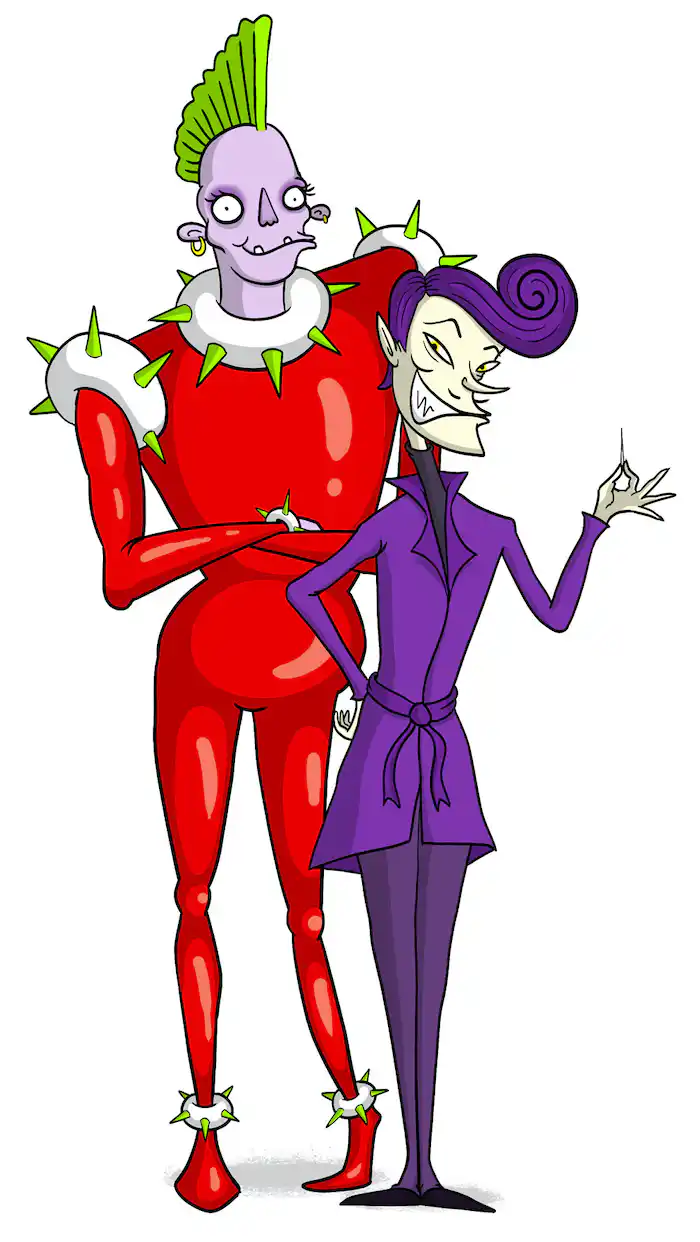 the wo crafty men one dressed in a red shiny jumpsuit and the other in a purple coat and trousers