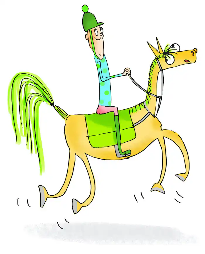 desire is sat on top of a yellow horse with green hair happily trotting along