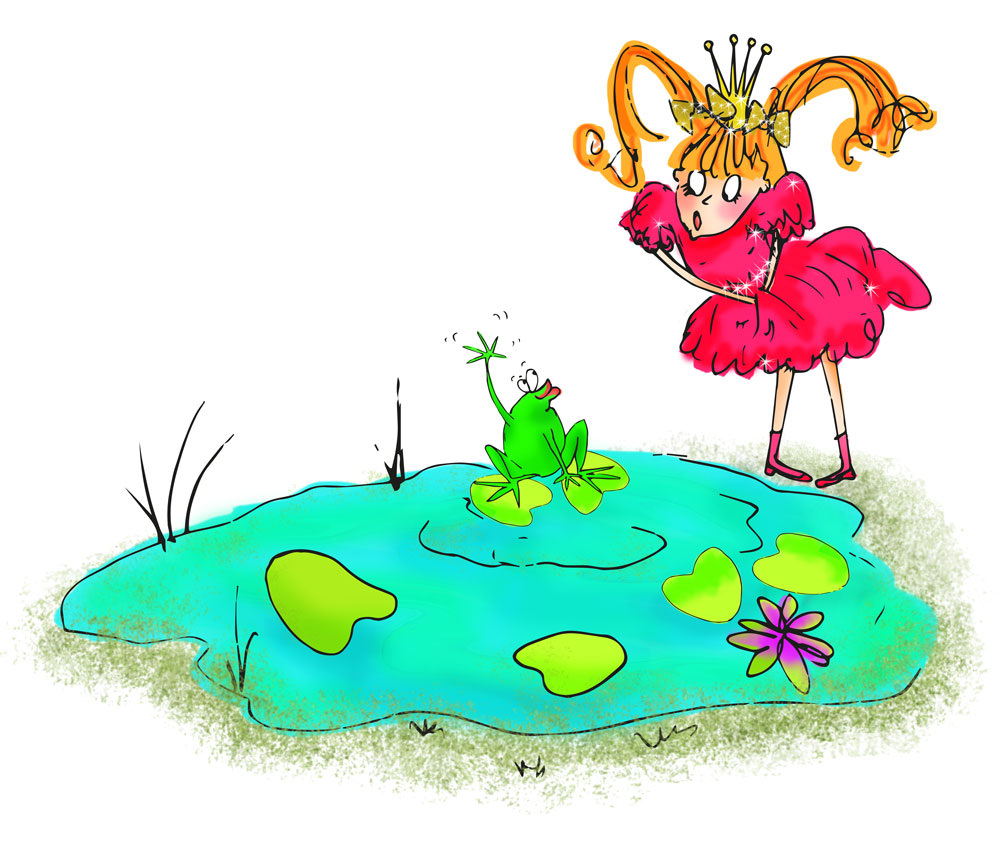 the princess sees the talking frog in the garden pond