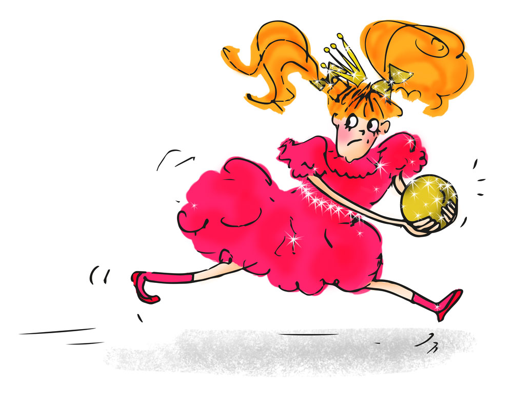 The princess has grabbed the ball from the frog and runs