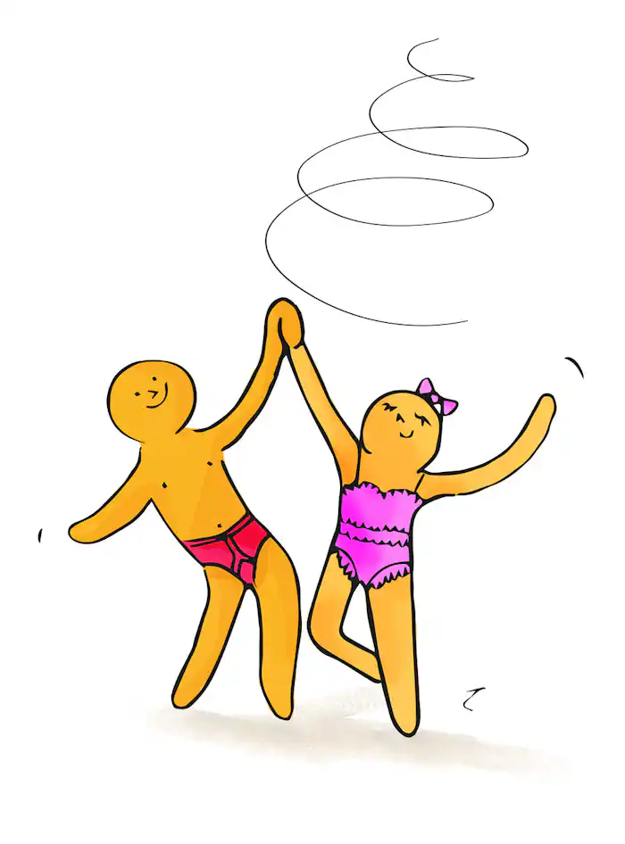 the gingerbread man and a gingerbread girl dressed in a purple swimsuit hold hands and dance together