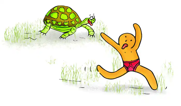 the gingerbread man runs away waving his arms in the air and with his tongue sticking out with a tortoise walking behind