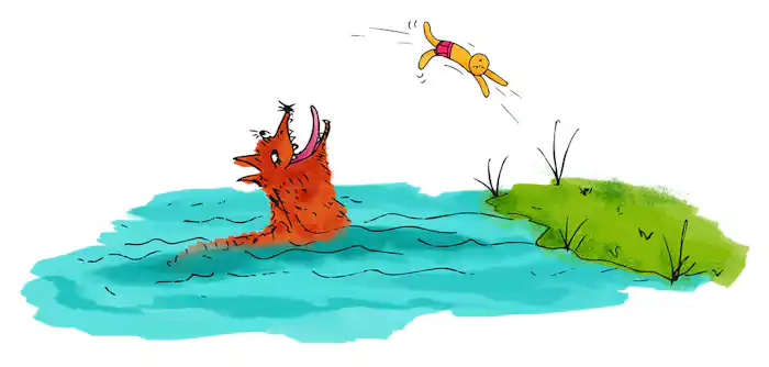 the orange fox head is up towards the air with his mouth open and tongue out as the gingerbread man flies through the air towards the river bank