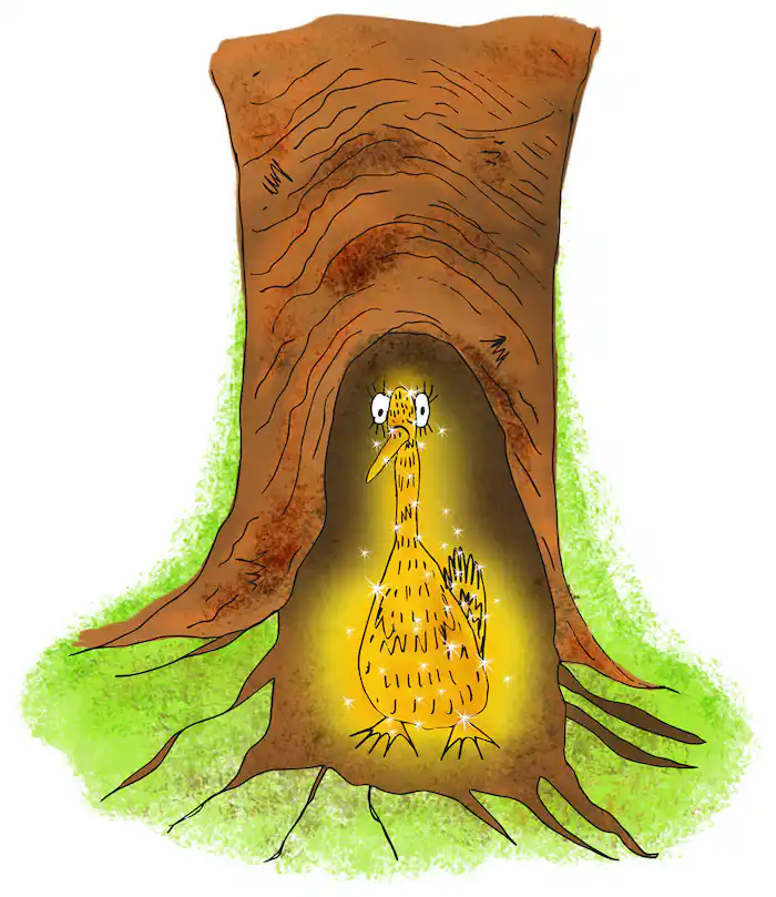 A golden goose sits in the hollow of a tree trunk.