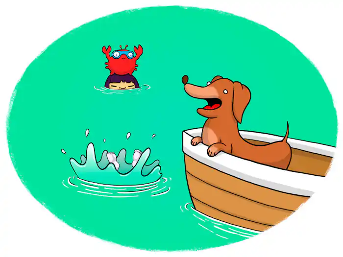 Sausage dog in boat looking at splash in water the mermaid and crab in background looking