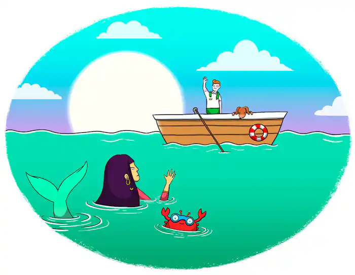 Prince and dog in wooden rowing boat waving at the mermaid and crab swimming in the sea