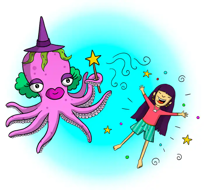 Octopus sea witch holding star wand wearing hat the mermaid smiling with human legs