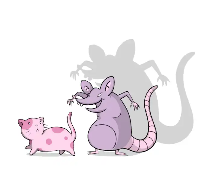 a large rat stands behind a smaller cat looking menacing 