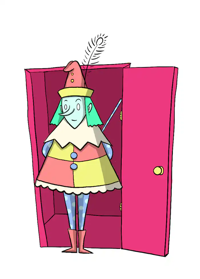 a green haired man with orange and yellow checkered shirt and hat stands in a pink door frame