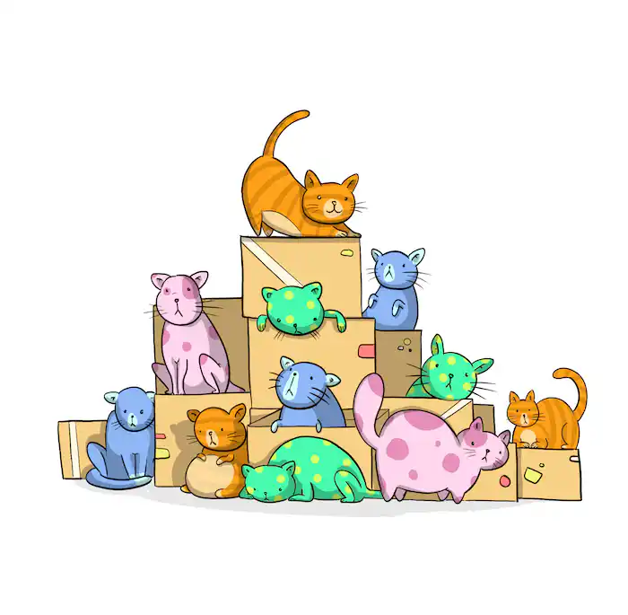 multiple coloured cats jump inside cardboard boxes