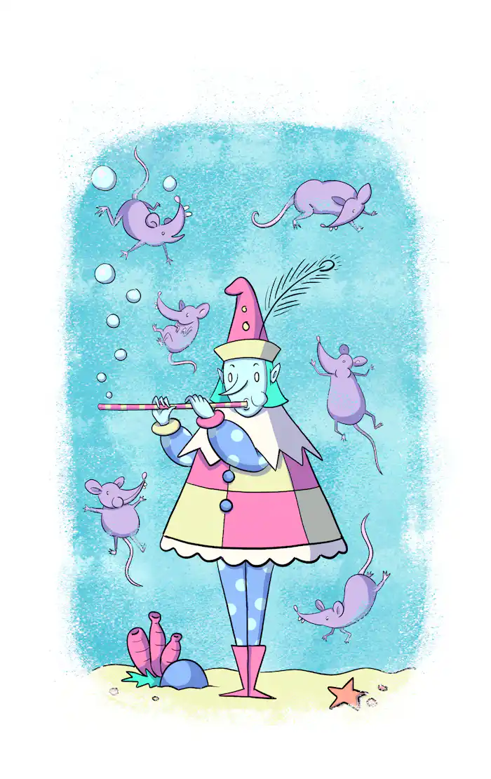 the pied piper stands underwater with rats floating around him while playing the flute