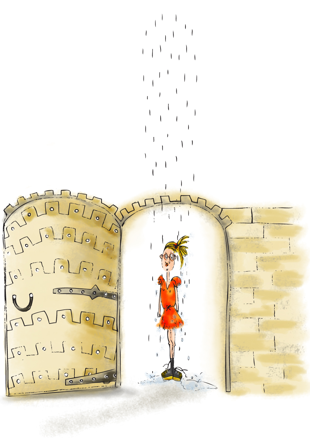 Drenched wet blonde princess girl in orange dress standing in castle doorway raining