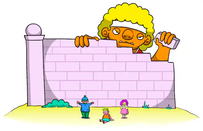 A orange skinned giant with yellow curly hair puts bricks on top on a tall wall. Children cry beneath.