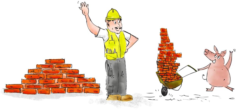 Man builder waving at third little pig pulling a wheelbarrow of bricks and waving