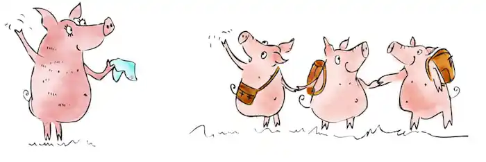 Three little pigs holding hands wearing brown rucksack bags waving at mummy pig holding handkerchief 