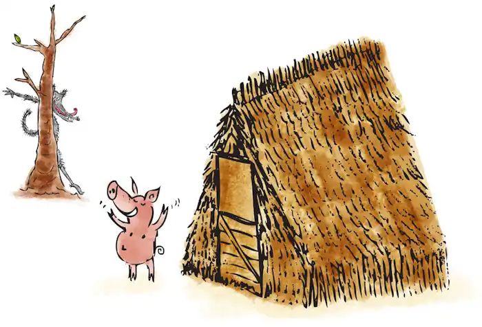 First little pig looking happy standing outside his newly built straw house with wolf in the background hiding behind tree