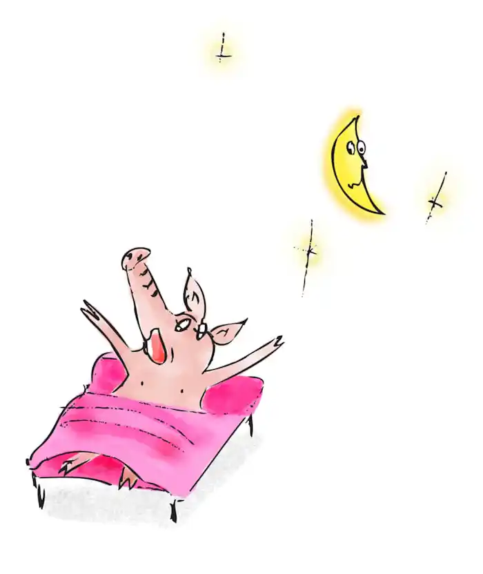 Third little pig waking up yawning stretching arms in bed early morning moon and stars visible sky