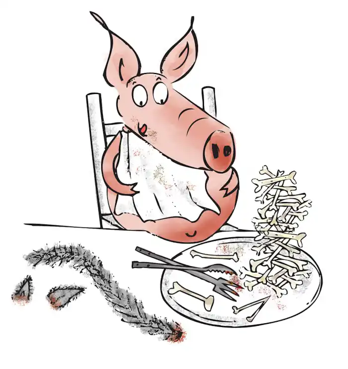 Third little pig sitting on chair at table napkin around neck licking lips eating wolf bones on plate