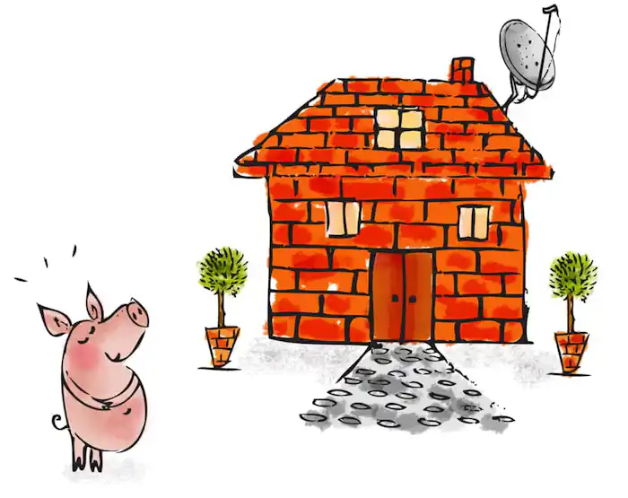 Third little pig happy and proud standing outside his new sturdy red brick house 