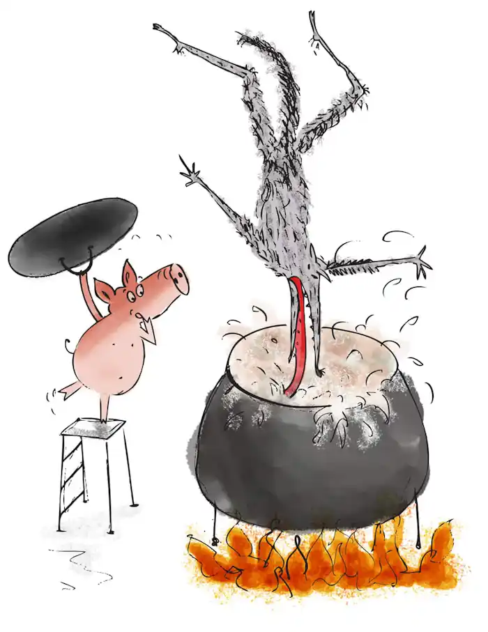 Scared wolf falling head first into big cooking pot over fire third little pig standing on step ladder happy watching holding cooking pot lid in air