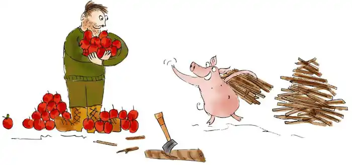 Man holding many red apples looking at happy pig holding sticks and waving 