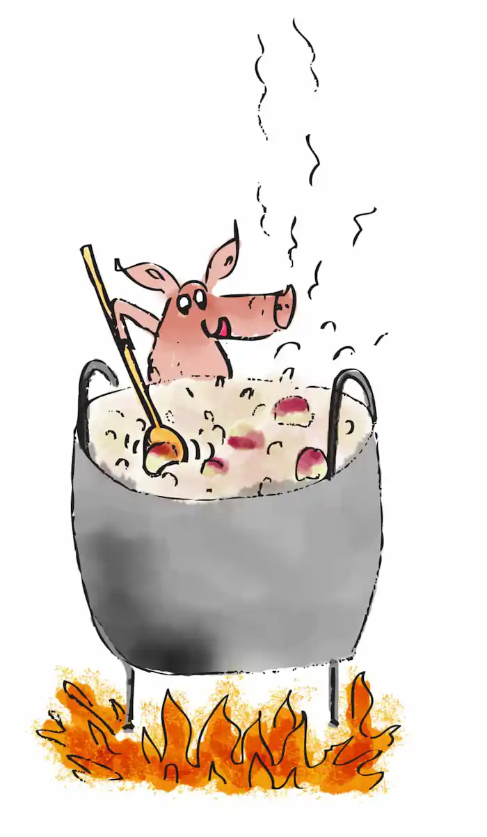 third little pig licking lips happy stirring big pot of turnips cooking over fire