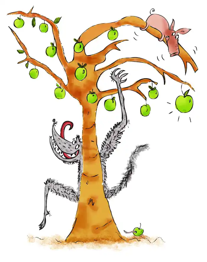 Big bad wolf behind green apple tree reaching stretching up with arm to grab third little scared pig dangling on high top branch