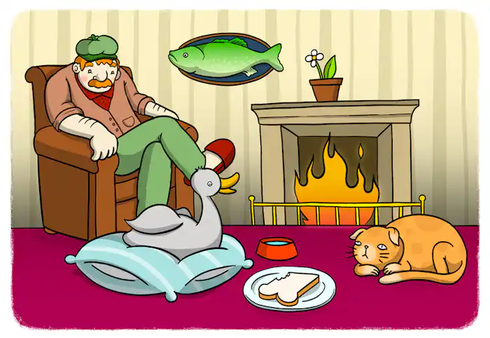 The duckling sits on a pillow in front of a fire. The farmer sits in a chair.