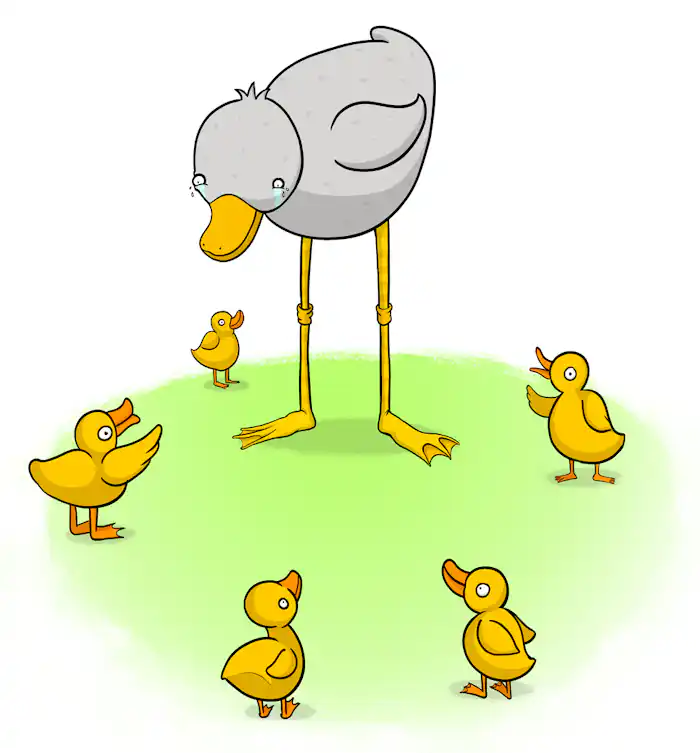 A tall white duckling towers over 5 little yellow ducklings.