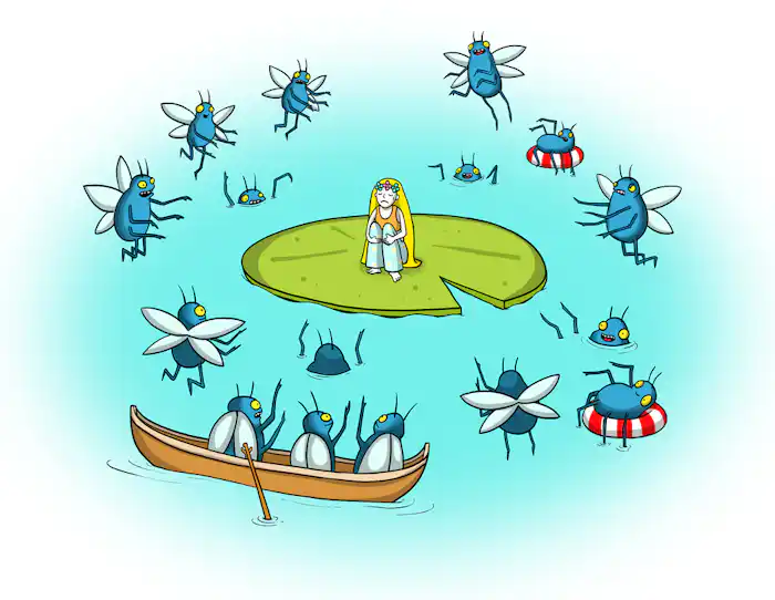 Thumbelina sits on a lily pad in the middle of a pond. Blue water beetles circle her.