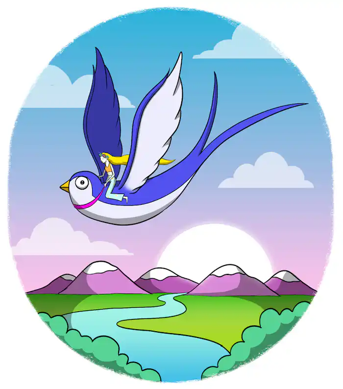 Thumbelina sits on the back of a large blue bird. They fly above a river and mountains.