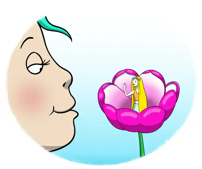 A woman looks into a pink flower. Inside the flower is a long yellow haired girl.