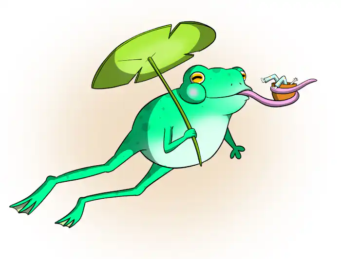 A frog hops holding a lily pad like an umbrella.